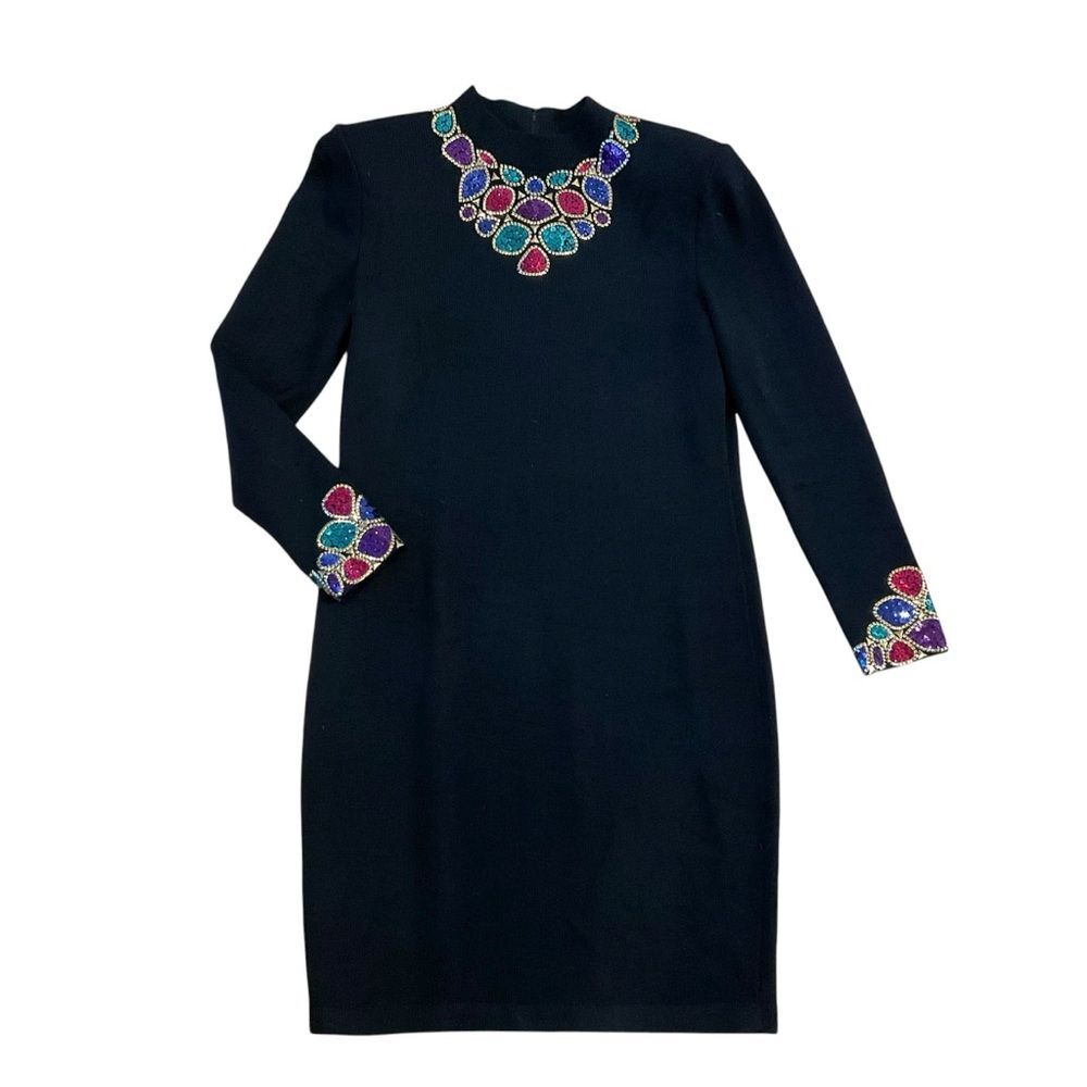 Vtg St. John Evening Knit Dress by Marie Gray Santana Sz 8 Black Jeweled Sequin